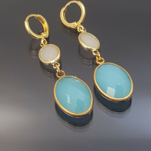 18K Gold Filled Stunning Italian Blue Aragonite 18ct GF Drop Earrings 55mm - Picture 2 of 9