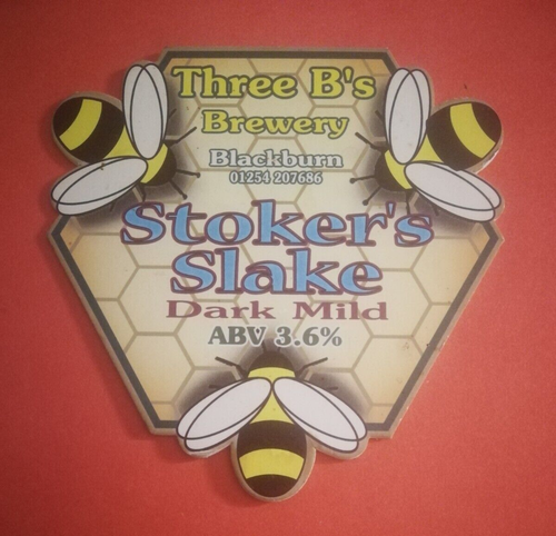 THREE B'S brewery STOKER'S SLAKE mild real ale beer pump clip badge front 3 Bees