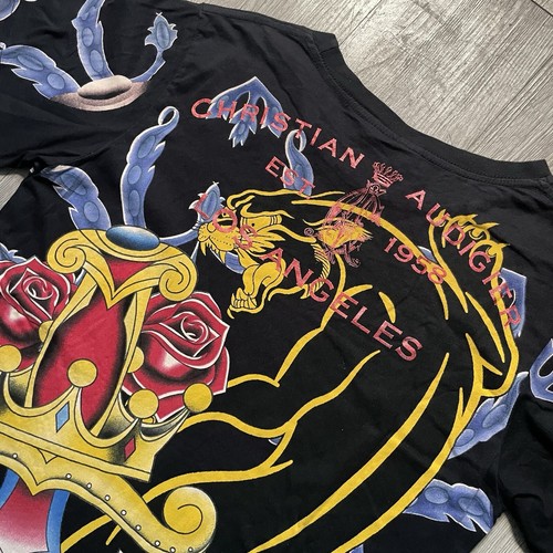 Christian Audigier Graphic Tee Sz L Black Studded Motorcycle Sword Skulll New - Picture 8 of 8