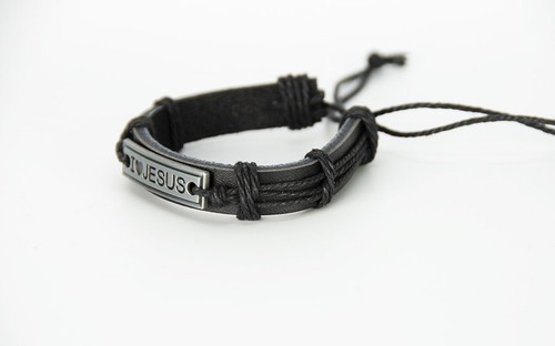 Christian Religious Cross Plate Jesus Genuine Leather Unisex Bracelet - Picture 6 of 9