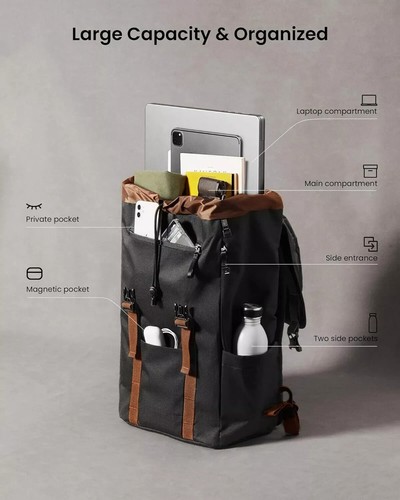 tomtoc Flap Laptop Backpack, Lightweight, Water-Resistant Casual 22L, Black - Picture 3 of 7