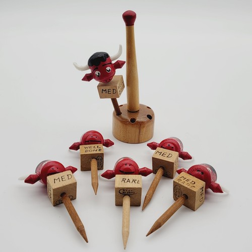 Wood Stick Bull Head Steak Meat Markers w/Stand Vintage Set Meat Temperature - Picture 3 of 8