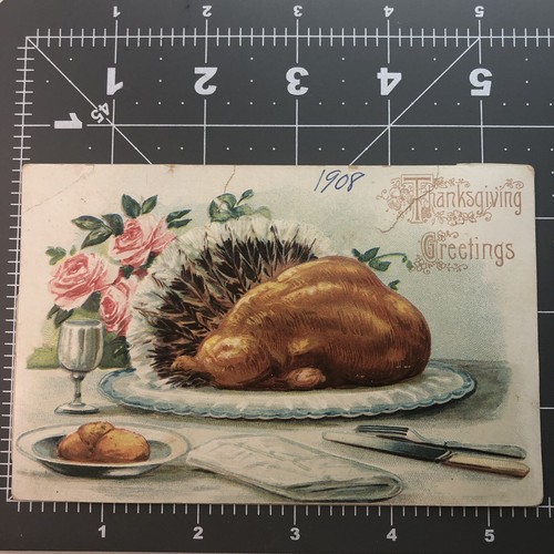 Antique "Thanksgiving Greetings' Postcard Turkey Roses Posted 1908 - Picture 1 of 3