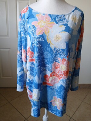 Ruby Rd Womens Blouse Plus Size 2X Blue Floral Print 3/4 Sleeve Top Scoop Neck