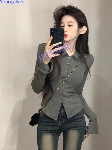 Blusa Top Camisas Coreana Para Mujer Ajustada Manga Campana Otoño Botón Frontal Informal - Imagen 19 de 25