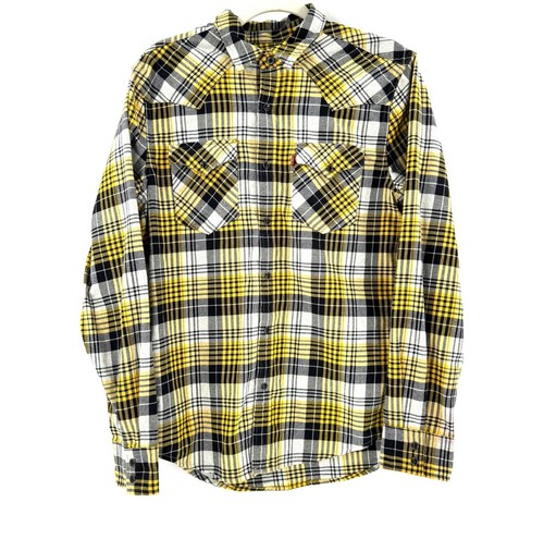 Levis Flannel Shirt Men's Pearl Snap Western Cowboy Size Medium Yellow Blk Plaid - Picture 5 of 7