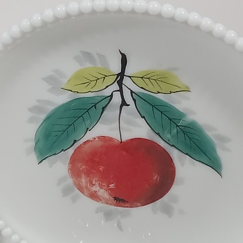 White Milk Glass Painted Fruit Decorative Beaded Plates 7 in PEAR APPLE - Picture 3 of 7