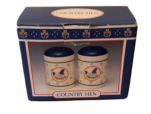 Country Hen Ceramic Salt and Pepper Shakers New in Box Navy White Red Vintage - Picture 3 of 7