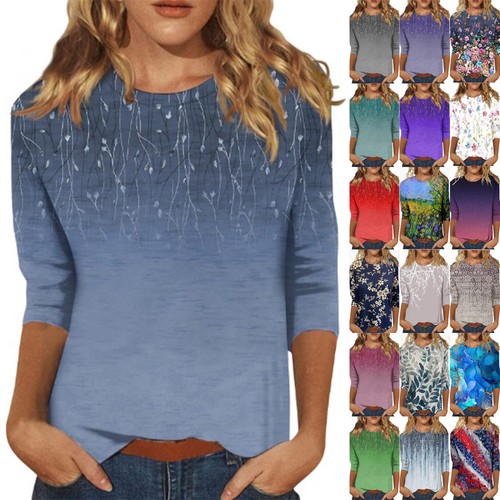 WOMENS TOPS 3/4 SLEEVES LOOSE CASUAL HOLIDAY PRINT T-SHIRTS TEE BLOUSE PLUS SIZE