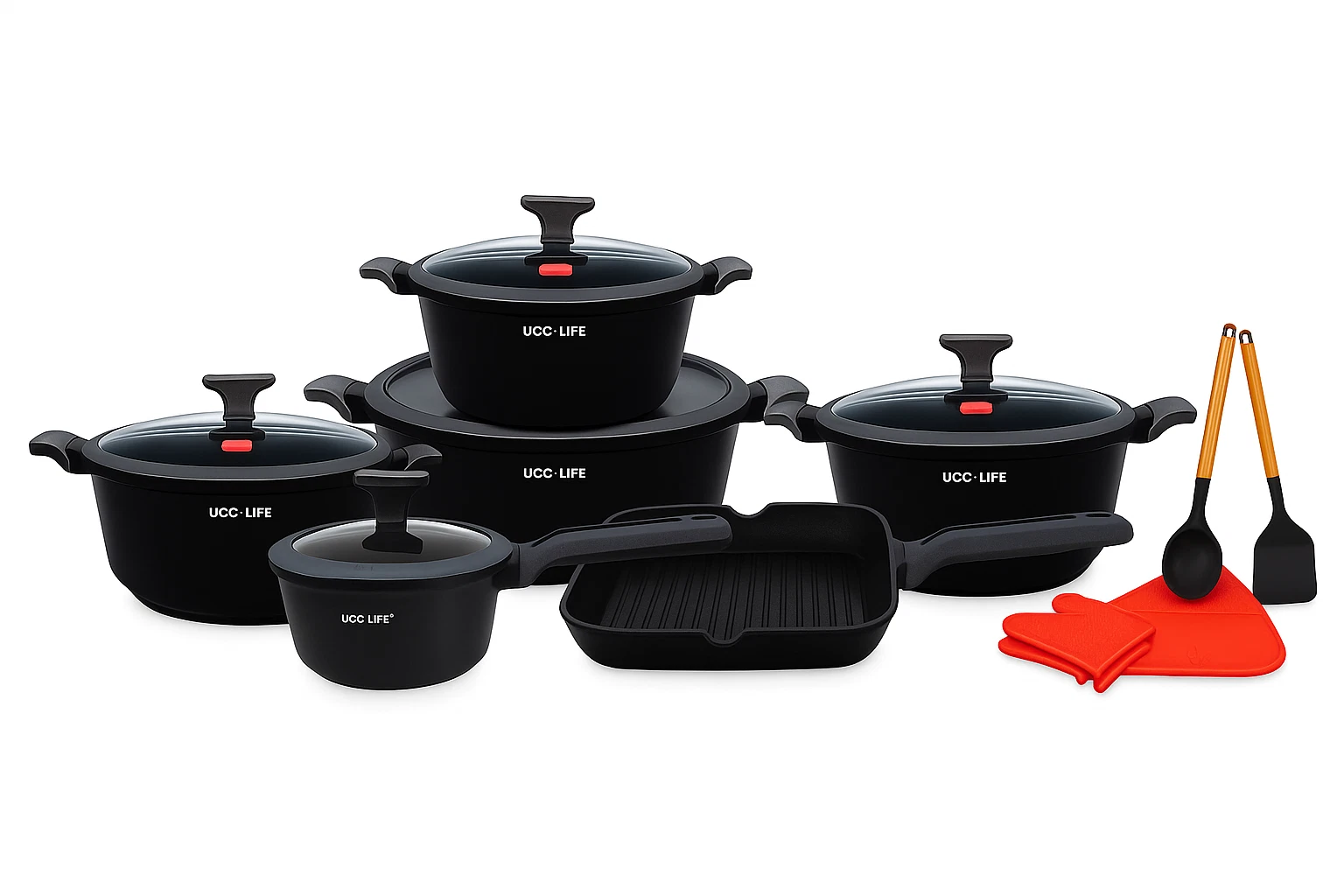UCC LIFE 16-Piece Granite Cookware Set Non-Stick Pots & Pans Induction Safe