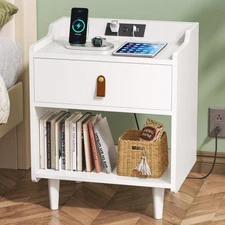 White Nightstand with Charging Station, Night Stand with Drawer and Leather P...
