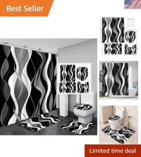 Stylish 4-Piece Black  White Striped Shower Curtain Set for Modern Bathrooms
