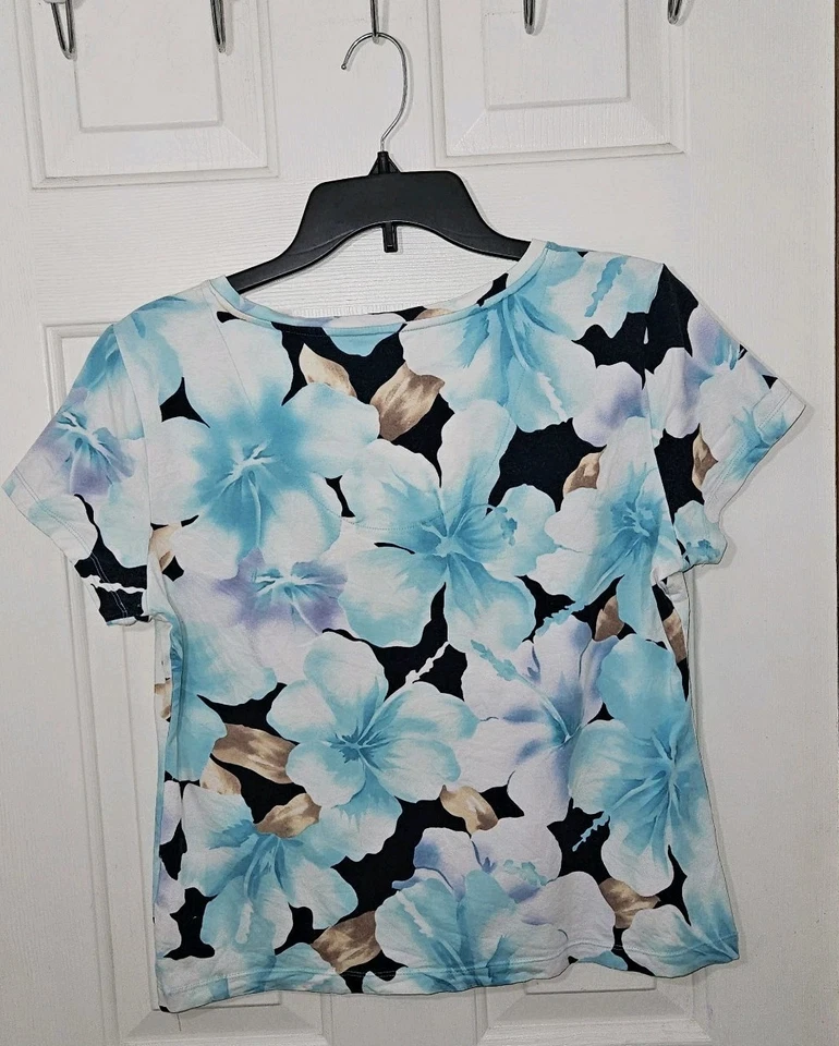Vintage Caribbean Joe Hibiscus Floral Popover T-shirt Stretchy Cruise Resort Lg - Image 2 of 4