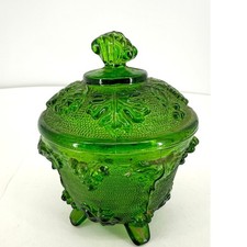 Vintage Jeanette Four Footed Green Grape Leaf Glass Candy Dish With Lid