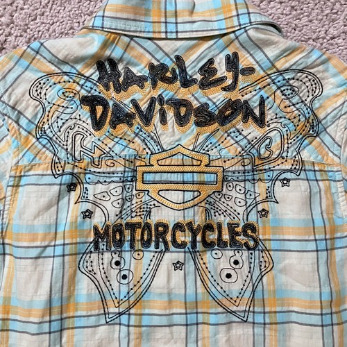 Harley Davidson Logo Sleeveless Pearl Snap Shirt Size Medium Women's Plaid - Picture 14 of 23