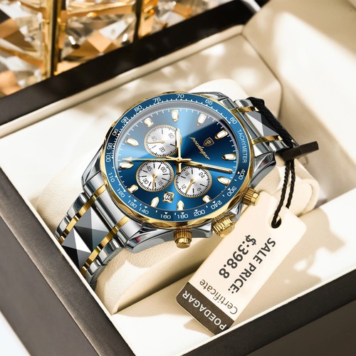 Men's Quartz Sports Watch Waterproof Luminous Hands Date Chronograph Stainless - Picture 2 of 17