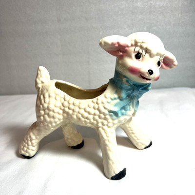 Vintage Baby Lamb Sheep Planter Ceramic Powder Blue Bow Japan