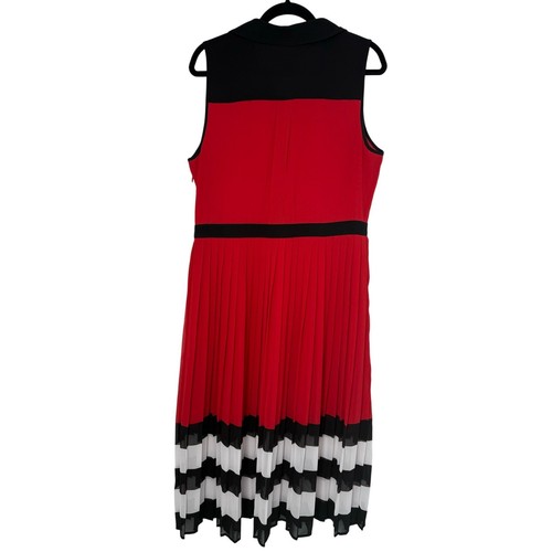 Michael Michael Kors Midi Dress Women 14 Red Black White Striped Pleated Sheer - Picture 3 of 12