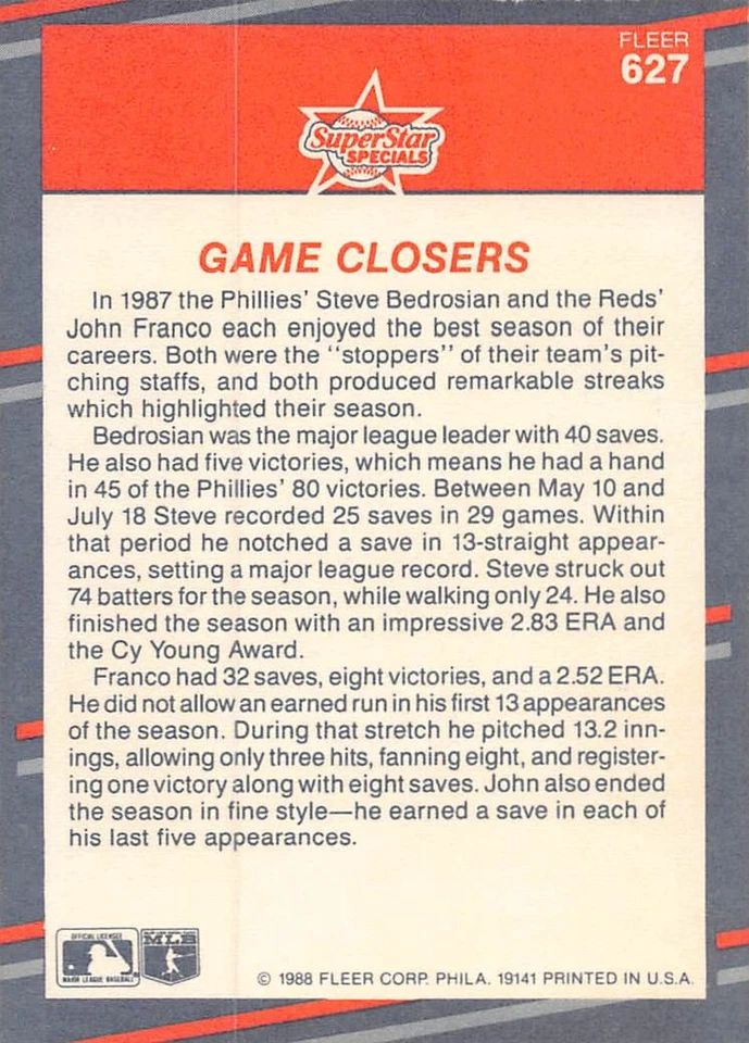 John Franco / Steve Bedrosian 1988 Fleer 627 BASEBALL Card - Image 2 of 2