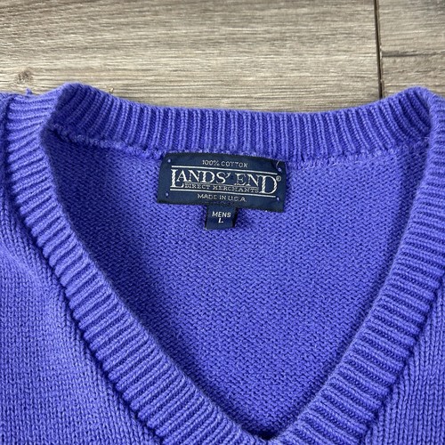 Lands’ End 100 % Baumwolle Pullover lila V-Ausschnitt Rautenstrick Herren Large - Bild 2 von 8