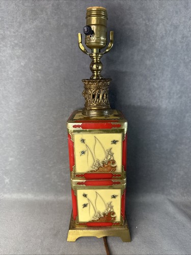 Vintage Chinese Tea Tin Table Lamp Red Gold Brass Chinoiserie Mid Century 15" - Picture 6 of 14