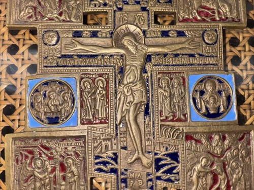 Antikes russisch orthodoxes Messing Emaille Kreuz Bronze schweres Kruzifix 19. Jahrhundert - Bild 3 von 11