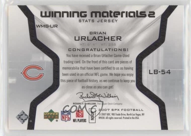 2007 SPx Winning Materials Stats Dual Brian Urlacher #WMS-UR HOF - Image 2 of 2
