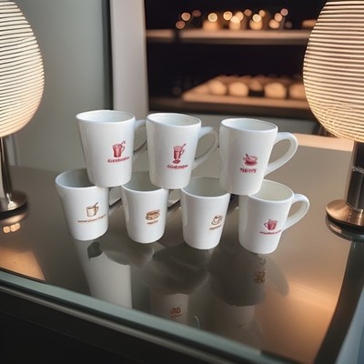SET OF 7  Williams Sonoma  Coffee Mugs Cups White with  Graphics ~VIEW ALLPICS~