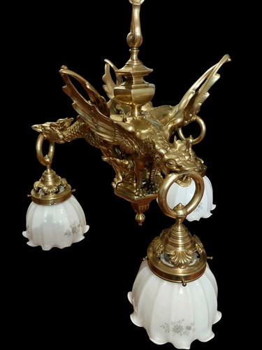ANTIQUE GERMAN BEST GENUINE VERSION GOTHIC GARGOYLES DRAGONS BRONZE CHANDELIER - Foto 11 di 24