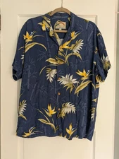 Vtg Paradise Found Hawaiian Shirt Men Large Navy Blue Birds of Paradise Tropical