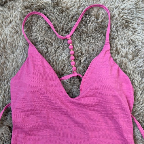 Pink One Piece Swimsuit With Open Back and Beaded Straps - Picture 6 of 11