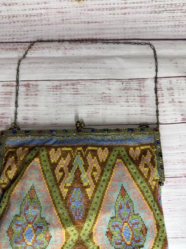 1920's Antique French Steel Cut Micro Beaded Art Geometric Deco Bag Purse - Image 2 of 4