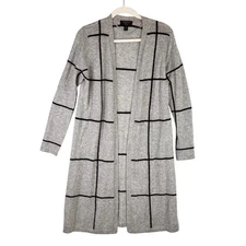 Charter Club 100% Cashmere Cardigan Sweater Open Front Long Gray Black Stripe M