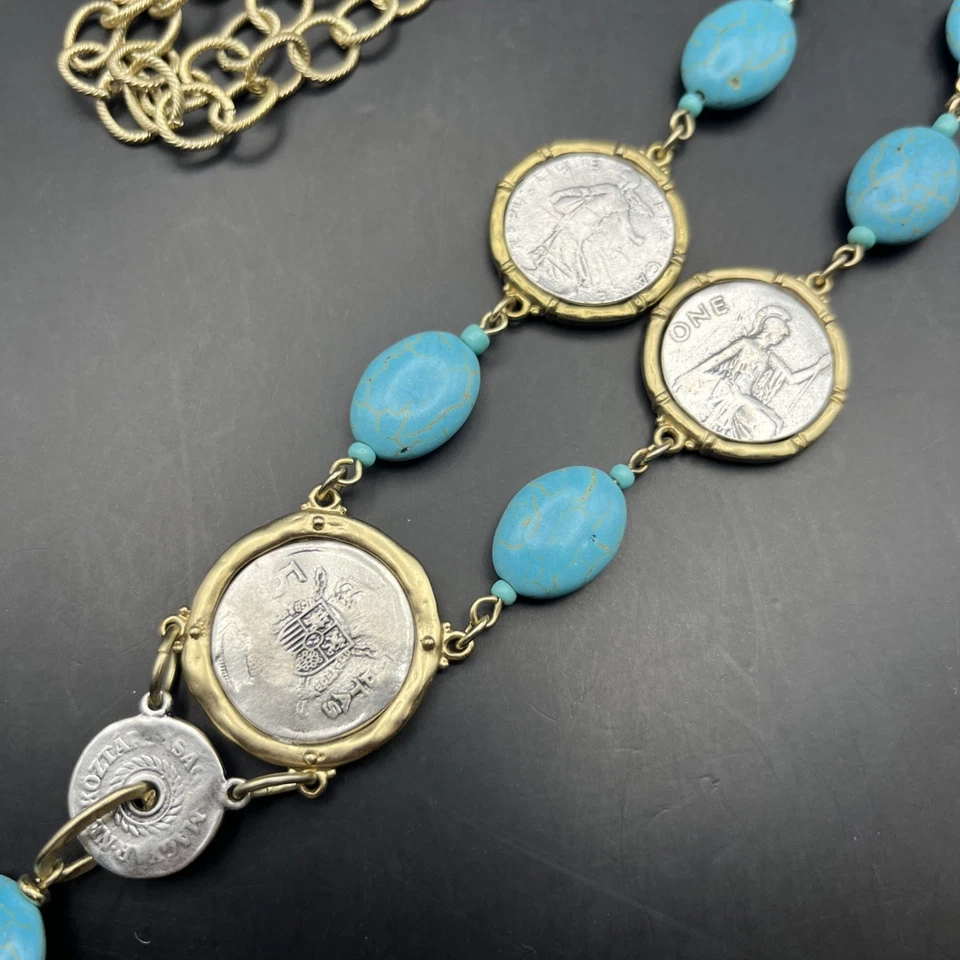 Chicos Statement Necklace Faux Coin Turquoise Color Stone Silver Gold Two Tone - Image 3 of 4