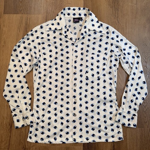 Vtg 60s 70s Disco Shirt Mens Medium Joel Butterfly Collar Hippie Geometric Nik - Afbeelding 7 van 14