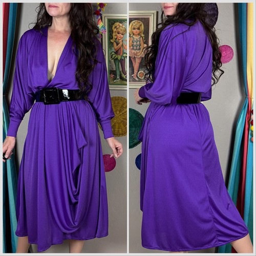 Vintage 1970s Purple Dolman Long Sleeve Draped Midi Dress - 30" Waist - Picture 3 of 5