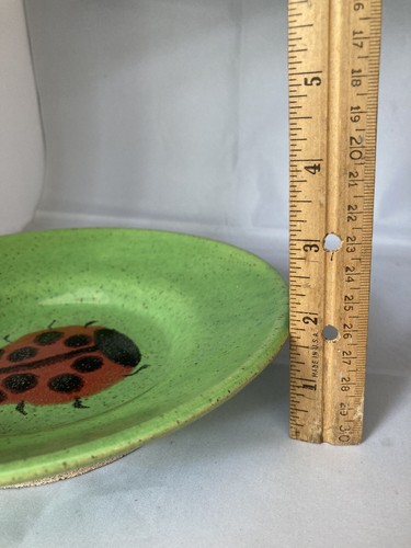 Green Ladybug handcrafted Art Pottery handmade Bowl by Amy 8 1/4" Round Dish USA - Picture 4 of 11