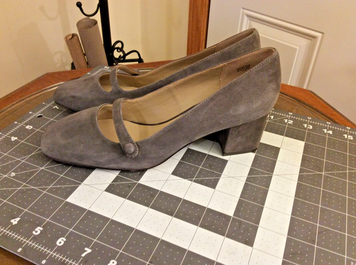 Ann Taylor Gray Leather Block Heel Mary Jane Pumps Women's Size 8.5M - Picture 2 of 15