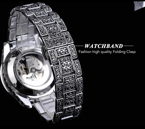 Automatic Luxury Stainless Steel Skeleton Silver Gold Retro Carved Mens Watch - Picture 8 of 12