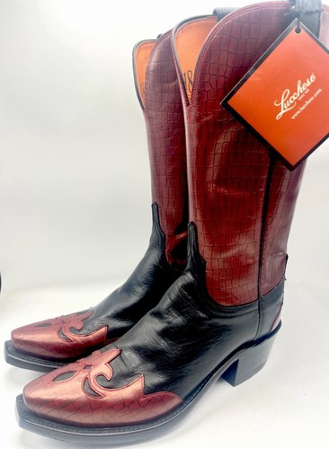 Lucchese Nile Crocodile Black Jersey Calf Wingtip Oakley Foly Red Gold Sz 7.5 B