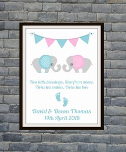 New Baby *Christening* Baby Shower Gift Idea Personalised Elephant Twins Print