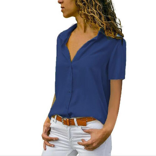 Women Lady Summer Casual Blouse Turn Down Collar Short Sleeve Shirt Button Tops - Imagen 19 de 22