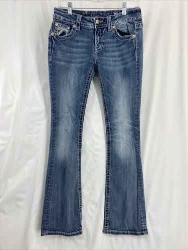 Miss Me Bootcut Women's Blue Denim Jeans Whisker Faded Rhinestone Stud Size 28