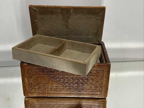 VTG. Handcrafted Leather Wood Southwest/ Mexico Symbols Jewelry Trinket Box - Picture 9 of 15