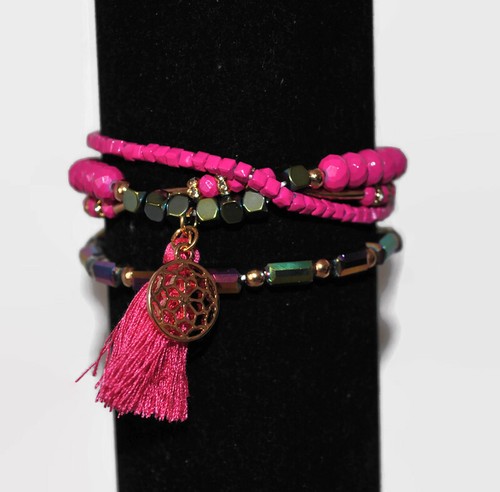 Juego de 4 Pulseras Boho de Cristales y Borlas Azul Melocotón Rosa Multi Elástico - Imagen 14 de 21
