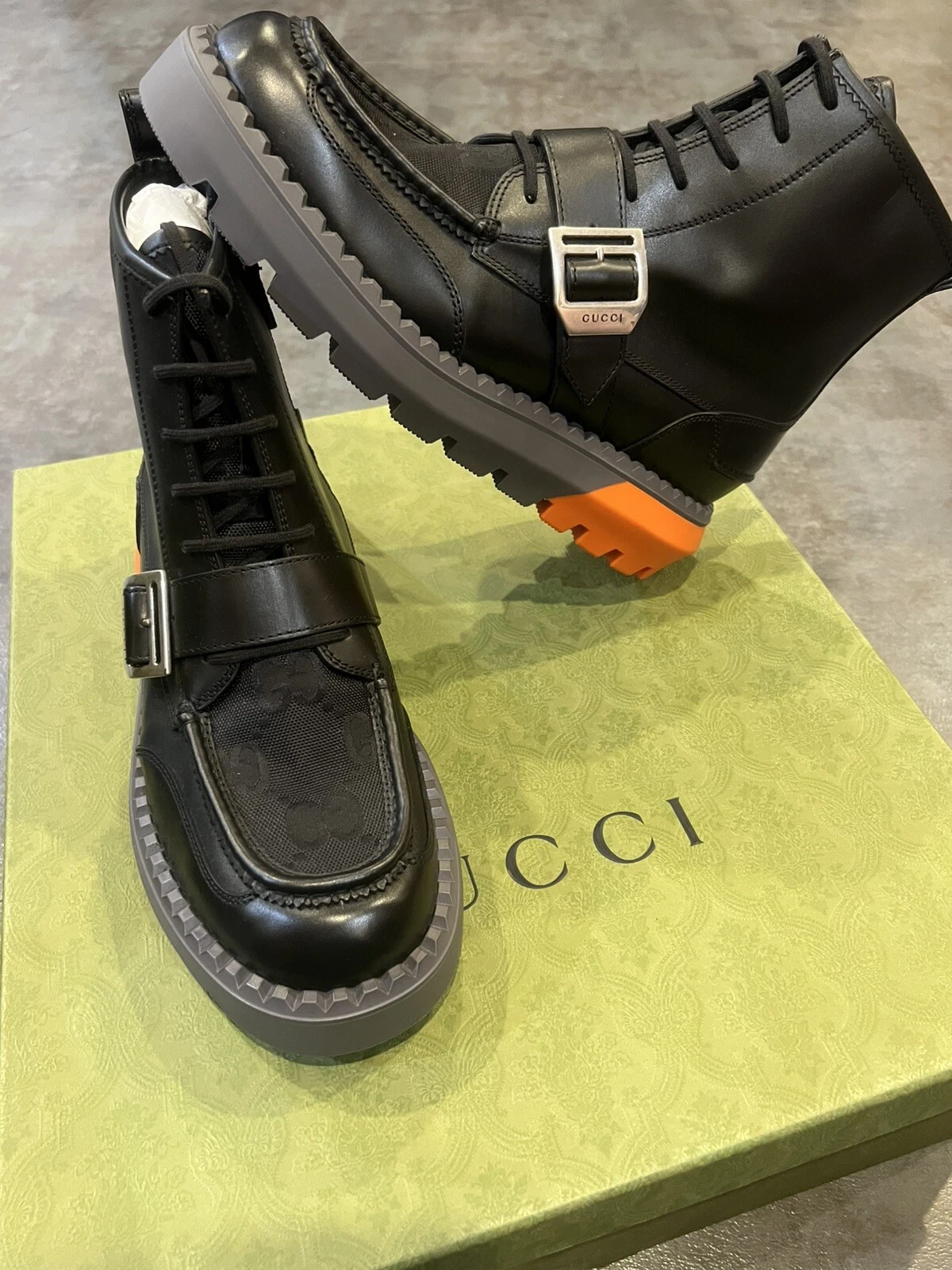 Robe GUCCI homme lacets boucle chaussures noir haut G 11,5 / US 12 vente au détail