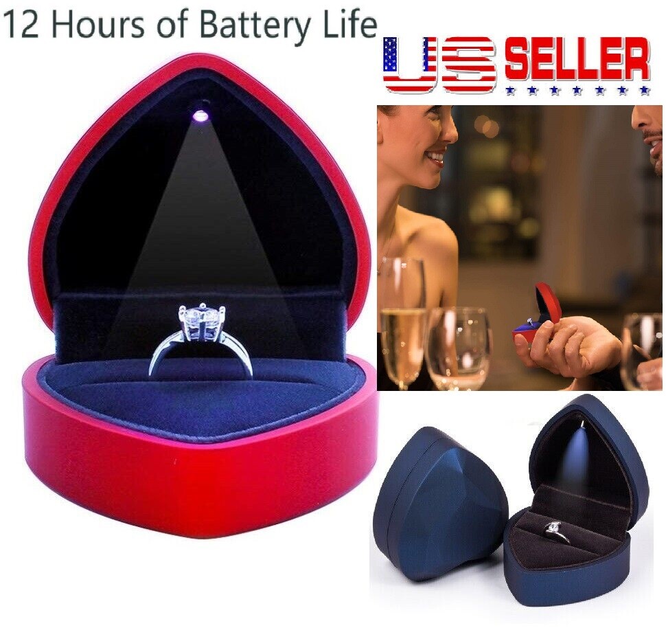 LED Light Ring Box Heart Shape Jewelry Wedding Engagement Proposal Case Gift USA