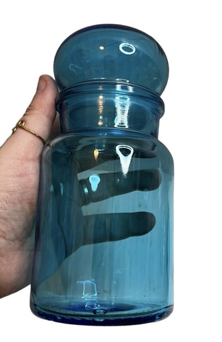 Contenedor tarro boticario vintage con tapa de burbujas hecho en Bélgica vidrio artístico azul - Imagen 2 de 7
