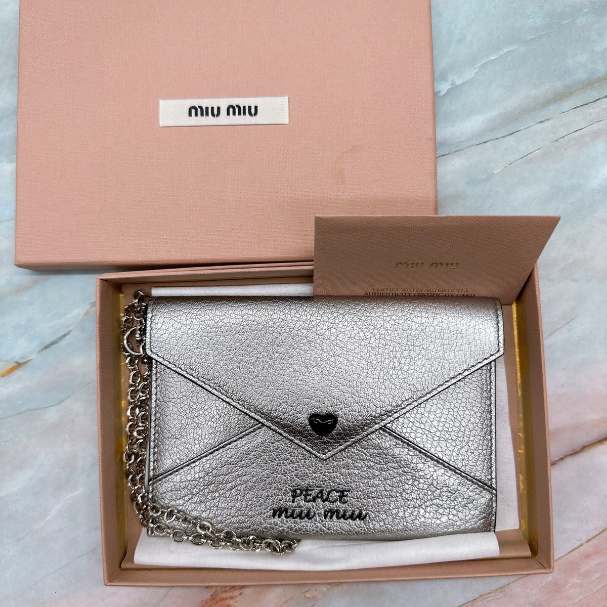 MIU MIU Silver Cromo FOREVER HEART Envelope Madras WRISTLET