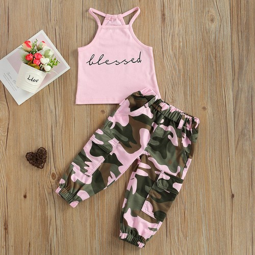 Toddler Baby Girl Outfits Halter Neck Tops Printing Pants Casual Clothes Set - Picture 2 of 8